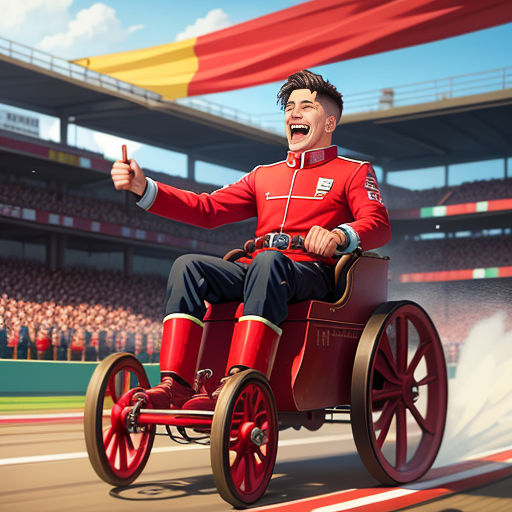 a man in a red uniform is riding a red horse drawn carriage in a stadium with a crowd of people