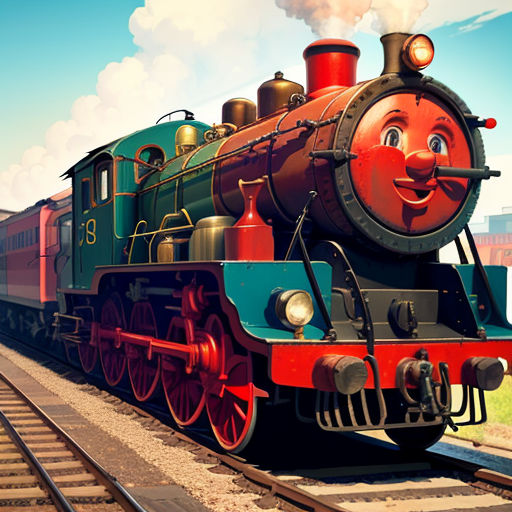 a cartoon train is on the tracks with a smiling face on it's side and a building in the background