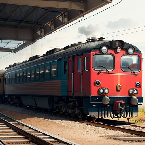 a train is coming down the tracks at a station with a sky background and a train station platform with a train on it