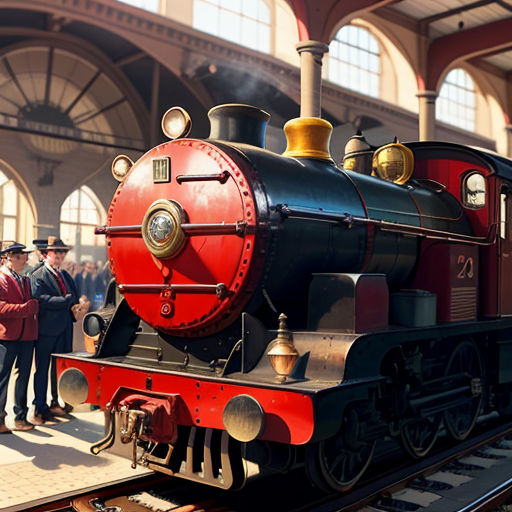 a train is on the tracks in a train station with people standing around it and a man in a suit is standing next to it