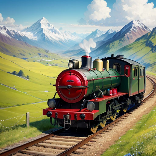 a painting of a train traveling through a mountainous area with mountains in the background and a sky with clouds