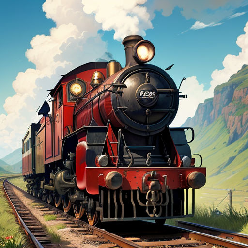 a train traveling down train tracks near a mountain range with clouds in the sky above it and a mountain range in the background