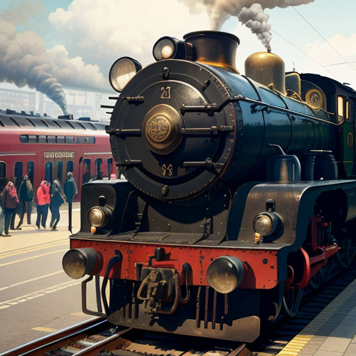 a train is on the tracks at a train station with people walking around it and a train is on the tracks