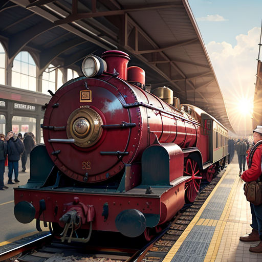a man standing next to a red train at a train station with people standing around it and a train on the tracks