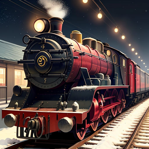 a train is on the tracks in a train station at night time, with lights on and snow on the ground