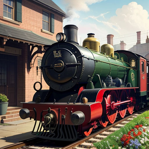 a train is on the tracks near a building and flowers in the foreground and a building with a clock on the top