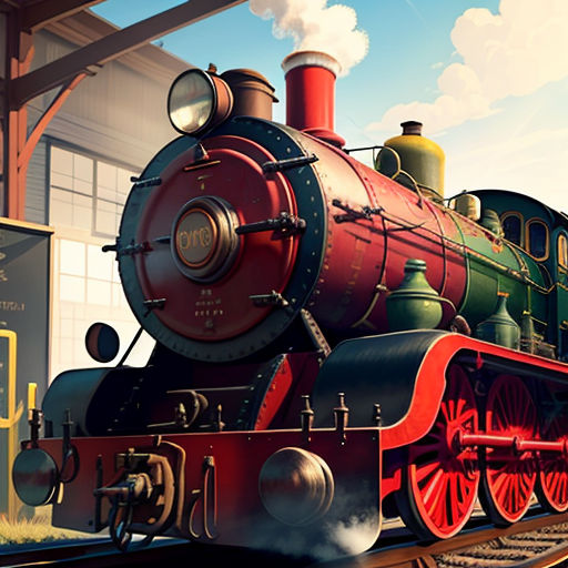 a train is on the tracks in a train station with a sky background and a building with windows and a sign