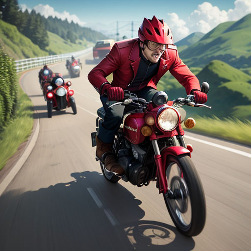 a group of people riding motorcycles down a road next to a lush green hillside covered in trees and grass