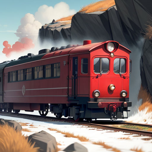a red train traveling past a mountain side covered in snow and grass and rocks, with a red train car on the tracks