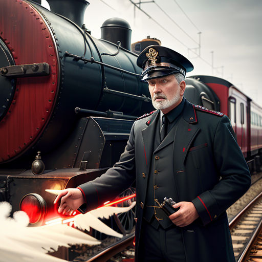 a man in uniform standing next to a train engine and a train car with a red caboose