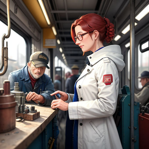 a woman in a white coat and a man in a blue coat on a train looking at something on a table