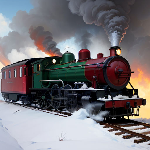 a train is traveling down the tracks in the snow with smoke coming out of it's stacks and steam coming out of it