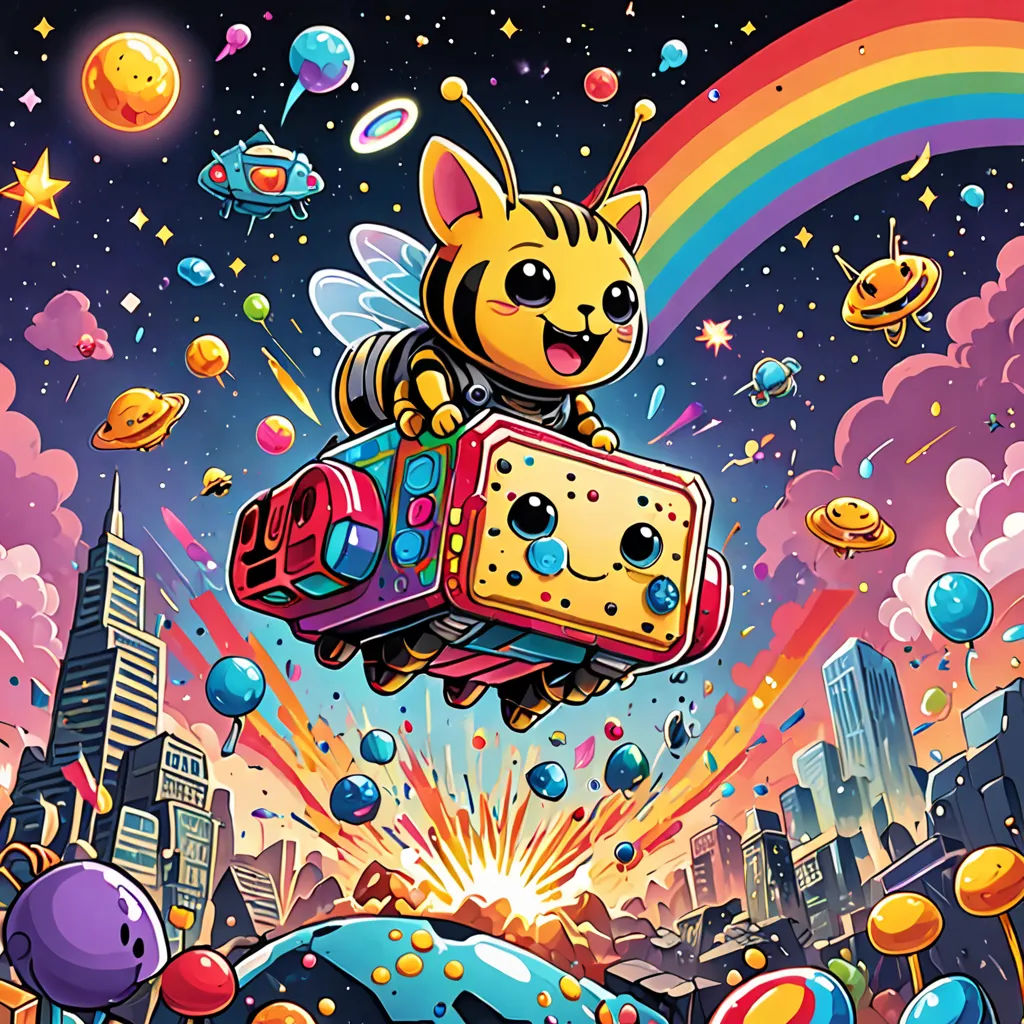 a cartoon character flying through the air with a suitcase in his hand and a rainbow in the background with buildings and planets, pop surrealism, a storybook illustration, Chris LaBrooy, josan gonzales and dan mumford