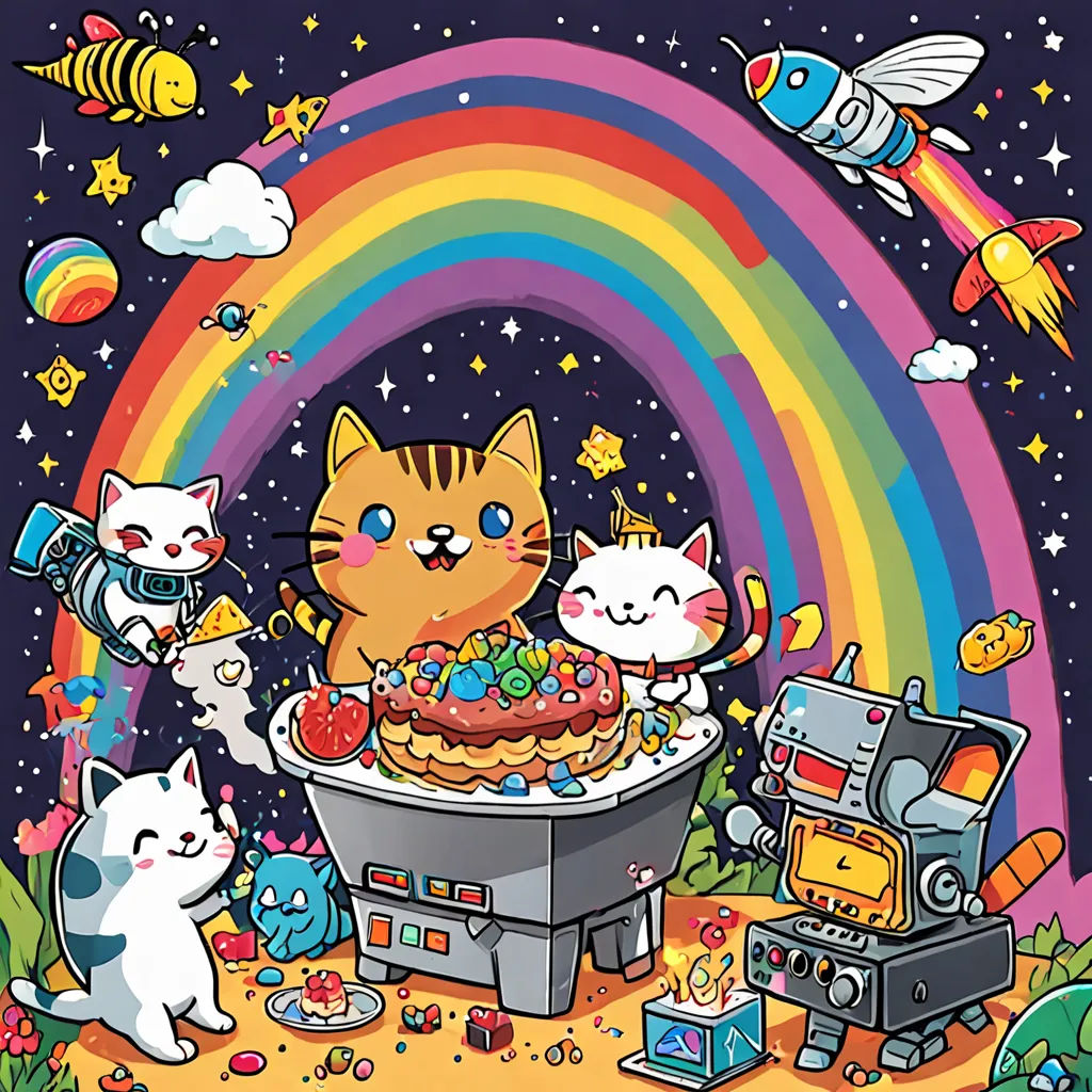 a cat is sitting in a bathtub with other cats around it and a rainbow in the background with a rocket ship, a rainbow, a cat, a cat, a cat, and a fish, space art, a storybook illustration, Chris LaBrooy, game art