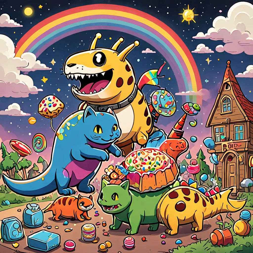 a cartoon of a dinosaur and other toys in front of a rainbow and a house with a rainbow in the background, pop surrealism, a storybook illustration, Chris LaBrooy, league of legends splash art