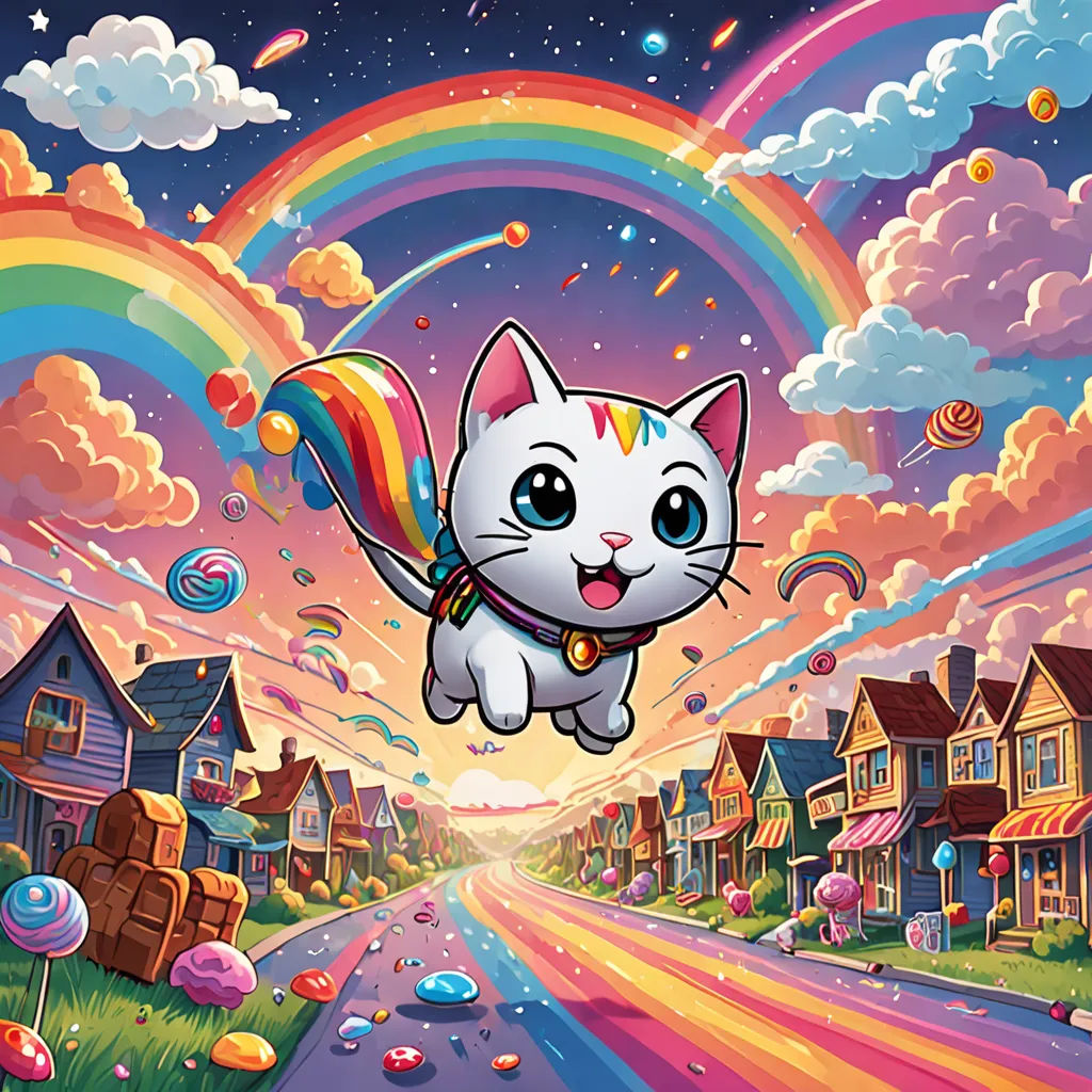 a cartoon cat flying through the air over a rainbow filled street with houses and clouds in the background and a rainbow - colored sky, pop surrealism, a comic book panel, Chris LaBrooy, josan gonzales and dan mumford