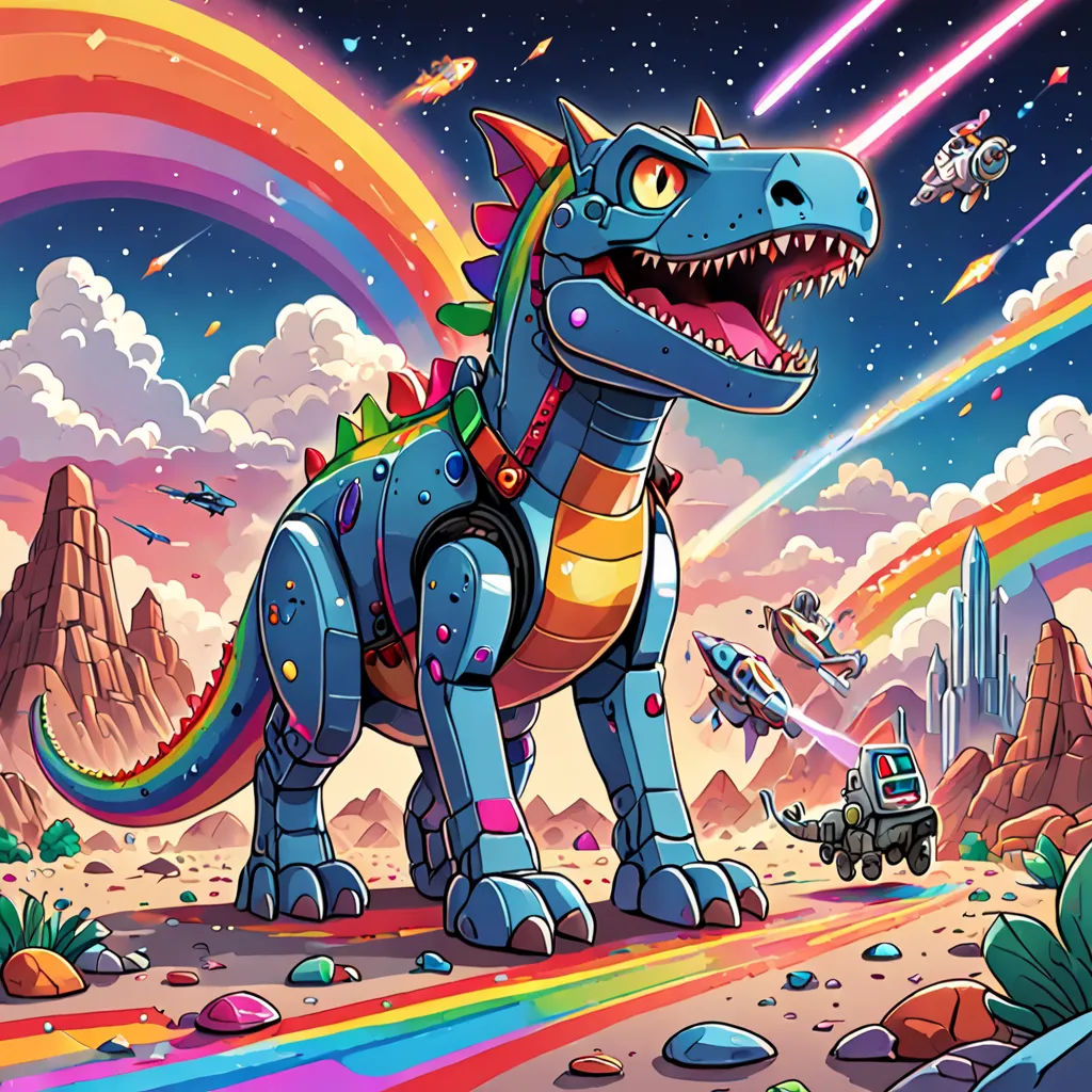 a cartoon dinosaur with a rainbow colored background and a rainbow colored sky in the background, with a plane and a car in the foreground, space art, poster art, Chris LaBrooy, josan gonzales and dan mumford
