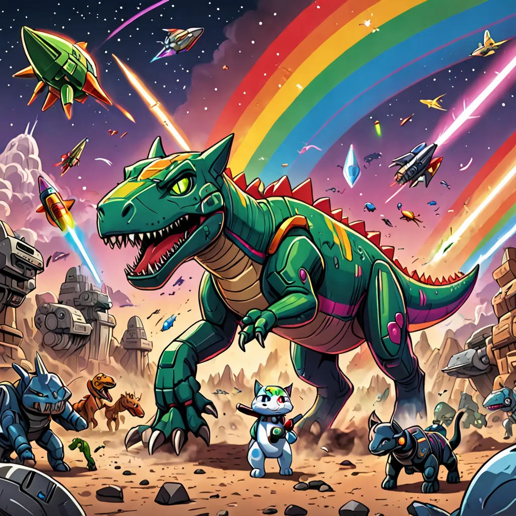 a cartoon of a dinosaur with a rainbow in the background and a bunch of other animals around it,, sots art, an album cover, Adam Rex, rossdraws global illumination