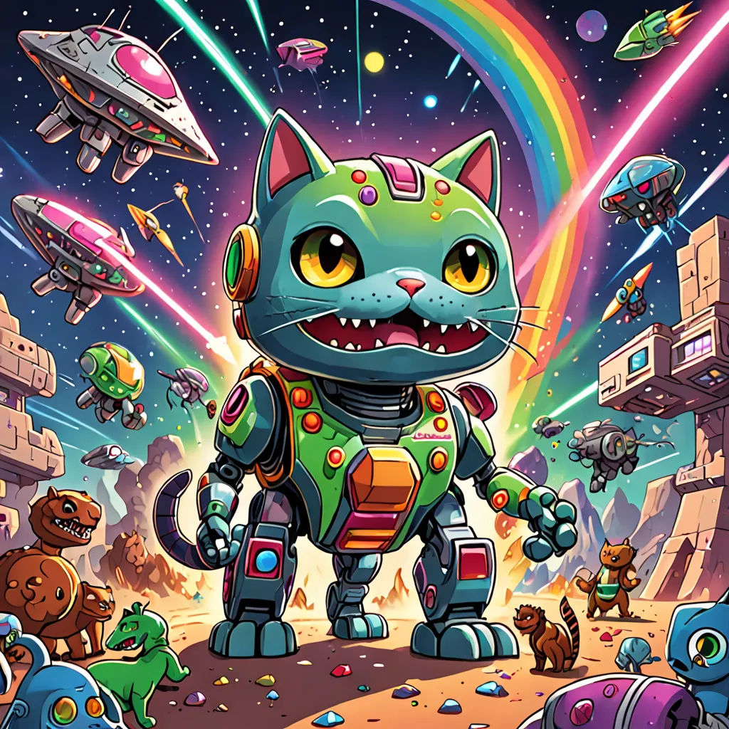 a cartoon cat standing in front of a bunch of toys and a rainbow in the background with a rainbow, sots art, poster art, Dan Mumford, josan gonzales and dan mumford