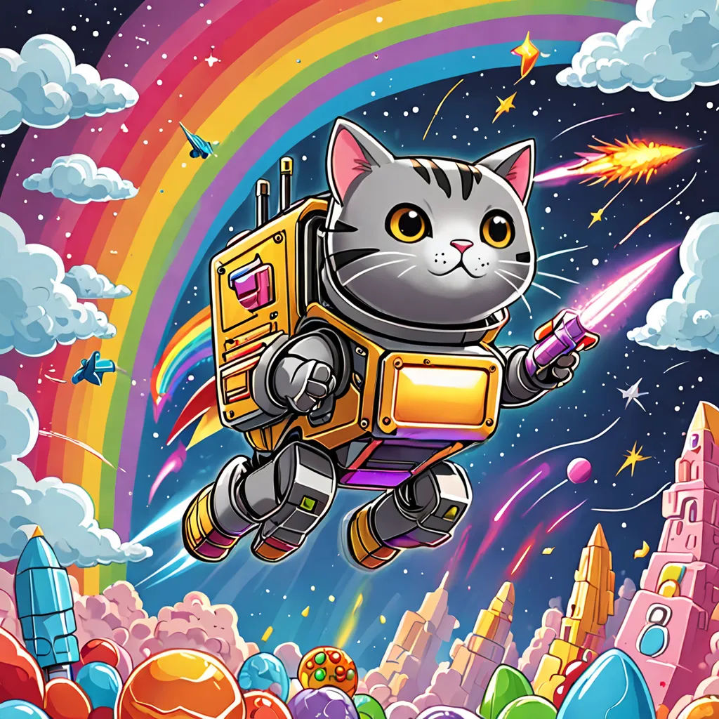 a cat flying through the air next to a rainbow and a building with a rocket on it's back, space art, a character portrait, Chris LaBrooy, game art