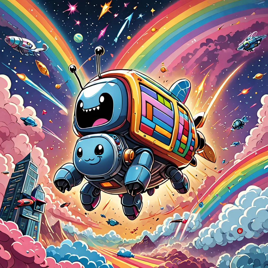 a cartoon character flying through the air with a rainbow in the background and a building in the foreground, space art, computer graphics, Chris LaBrooy, josan gonzales and dan mumford