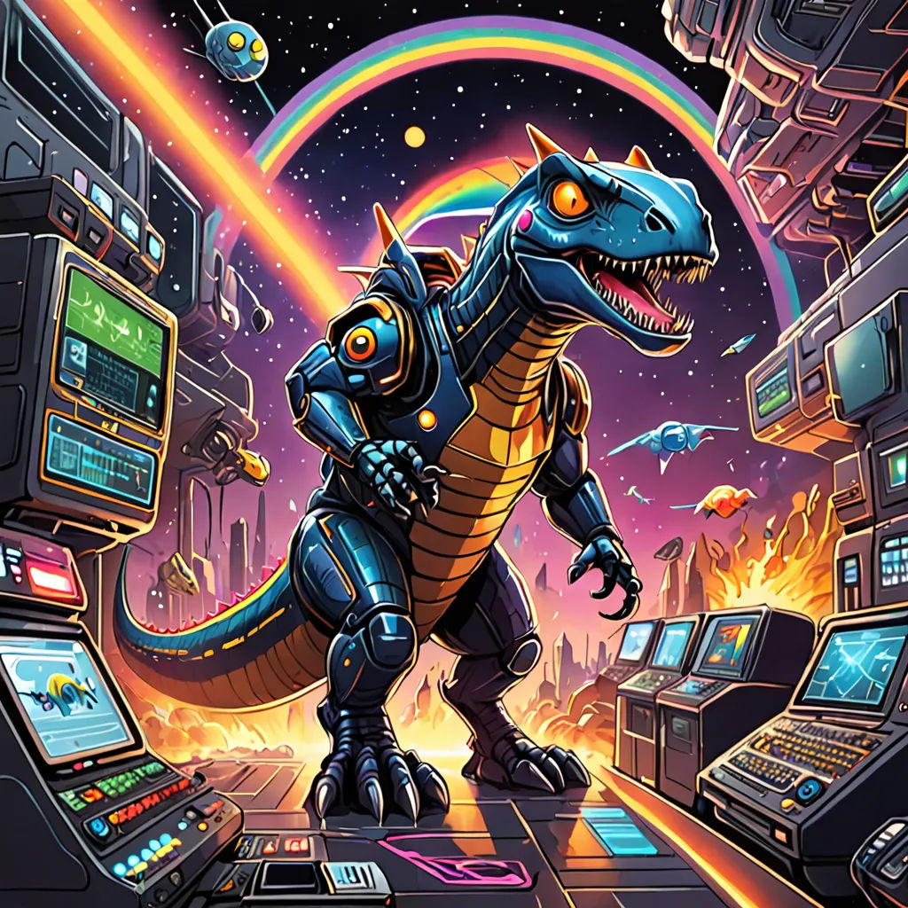 a dinosaur in a space station with a rainbow in the background and a rainbow in the background, and a rainbow in the background, sots art, an album cover, Dan Mumford, rossdraws global illumination