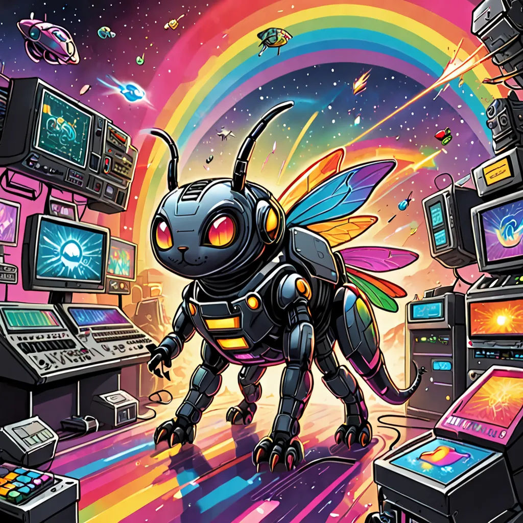 a cartoon of a bee in a space station with a rainbow background and a rainbow - colored background, with a rainbow - colored background, and a rainbow - colored bee,, sots art, computer graphics, Dan Mumford, josan gonzales and dan mumford