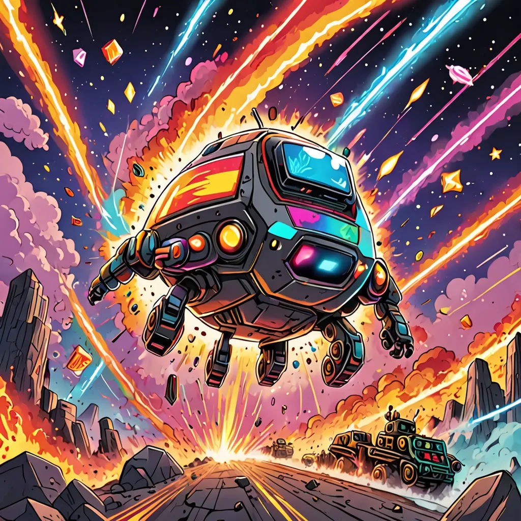 a cartoon of a flying vehicle with a lot of colorful lights coming out of it's back end, sots art, cyberpunk art, Dan Mumford, josan gonzales and dan mumford