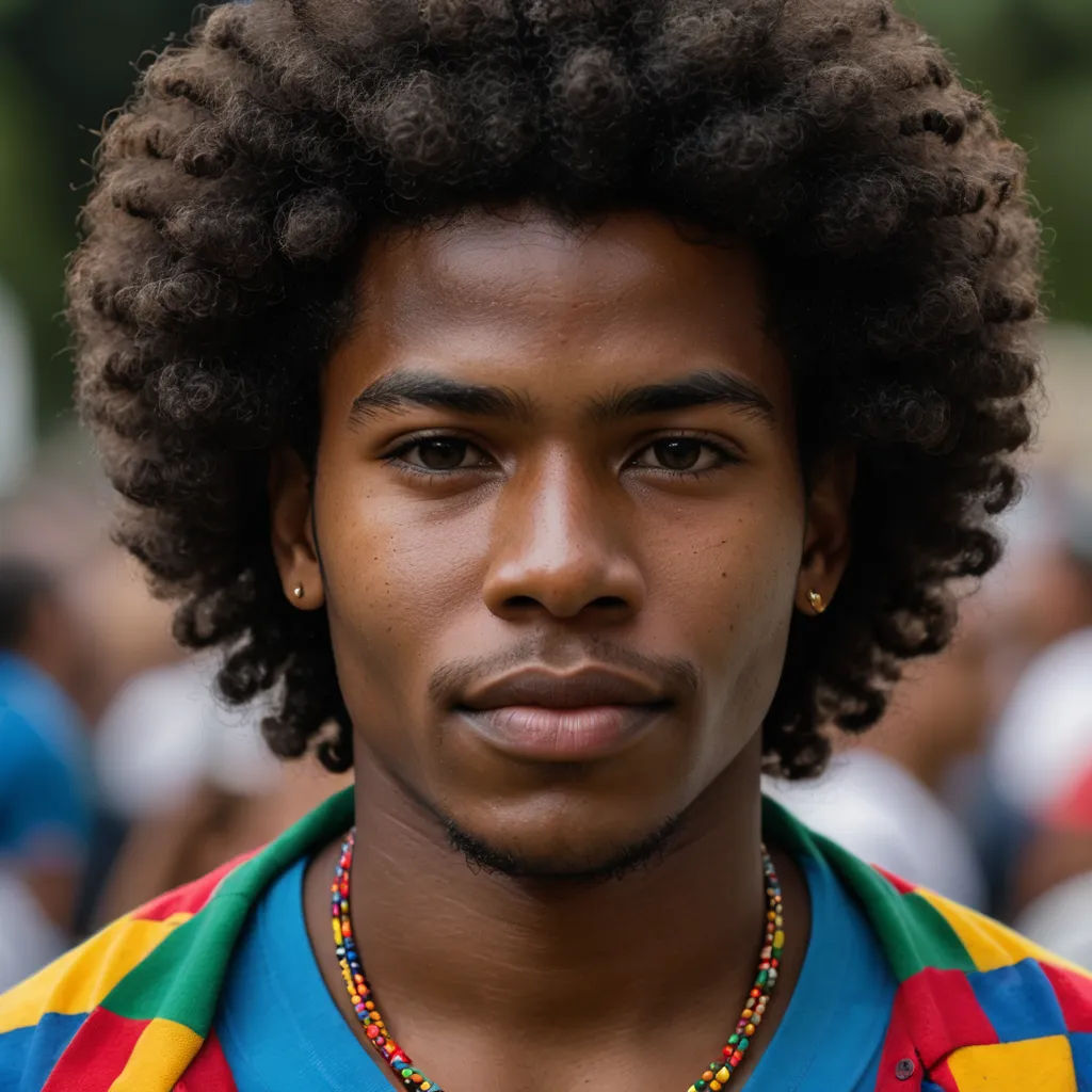 a man with a multicolored shirt and a necklace on his neck and a crowd of people behind him, harlem renaissance, a portrait, Emerson Silva, perfect facial symmetry
