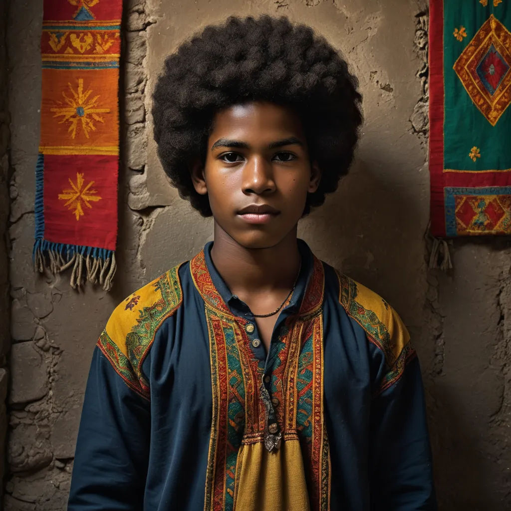a young man with a afro standing in front of a wall with a colorful scarf hanging on it's side, qajar art, a character portrait, Amir Zand, promotional image