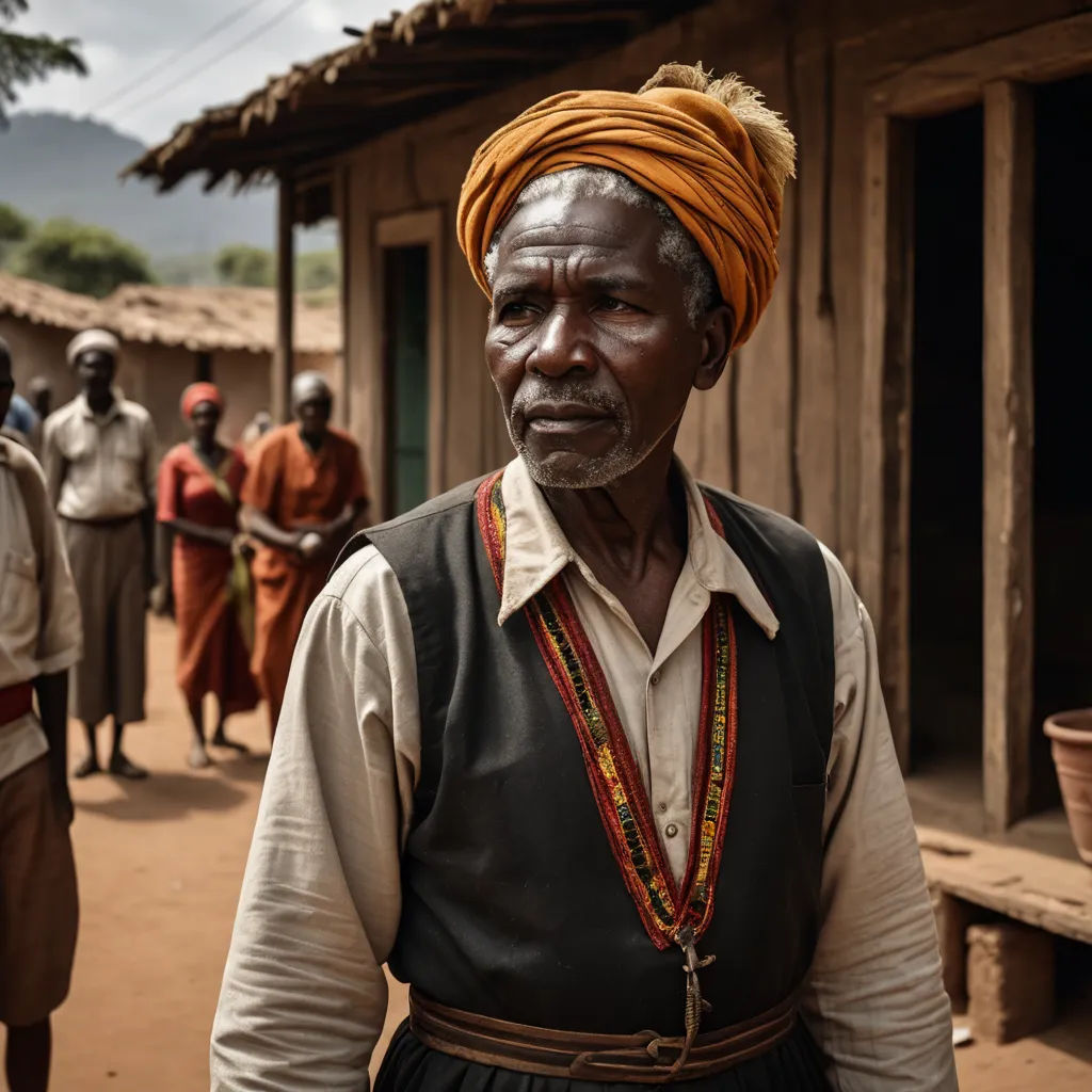 a man in a turban standing in front of a group of people in a village in africa, primitivism, a character portrait, Bruce Onobrakpeya, award-winning photograph