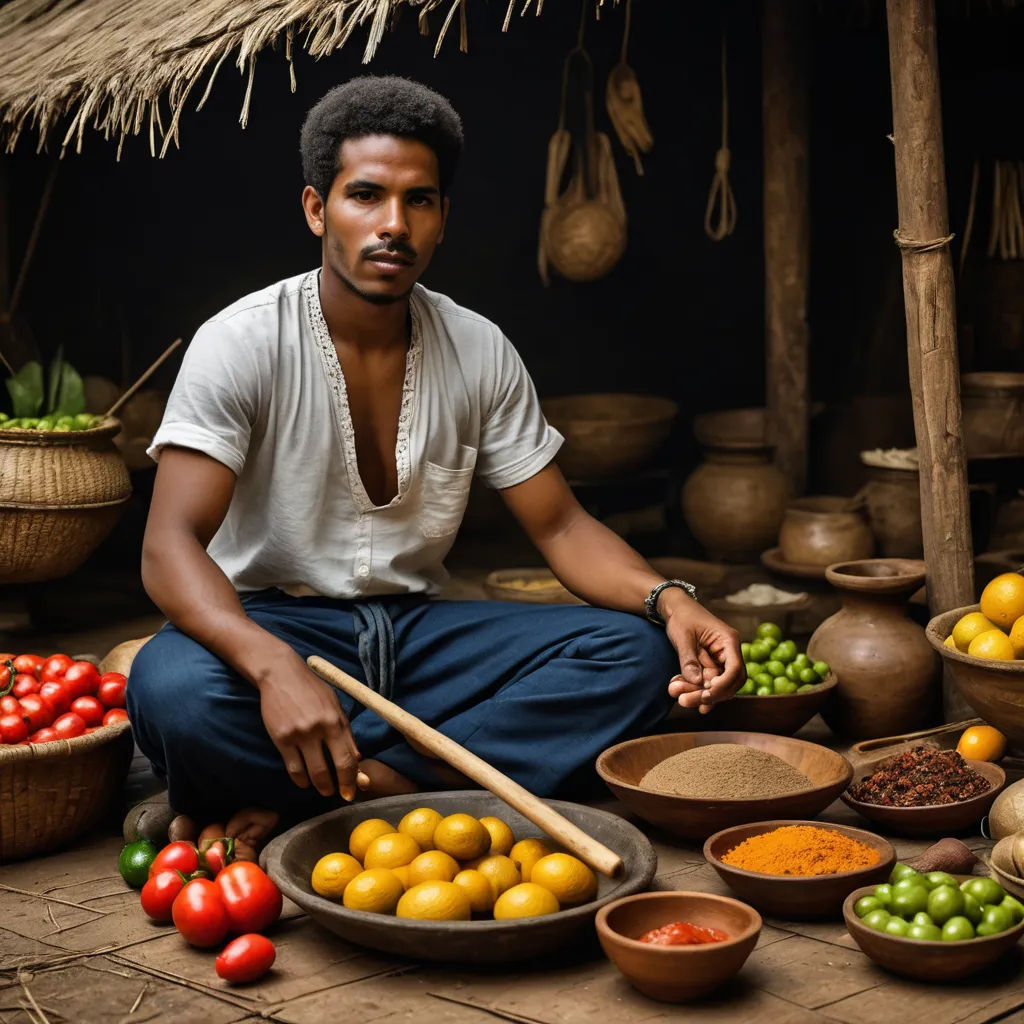 a man sitting on the ground surrounded by bowls of fruit and vegetables, with a wooden stick in his hand, afrofuturism, a stock photo, Afewerk Tekle, professional food photography