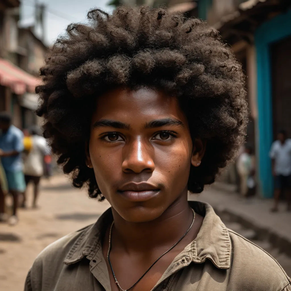 a man with a afro standing in a street with people in the background and a building with a sign on it, sumatraism, a character portrait, Cedric Seaut (Keos Masons), portrait photography