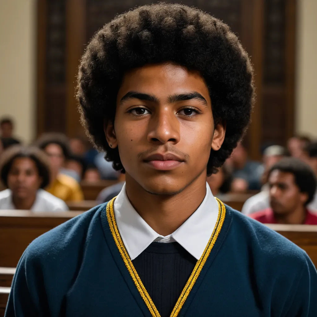 a young man with a black afro in a classroom of students in a college or university building, looking at the camera, black arts movement, a character portrait, Cosmo Alexander, promotional image