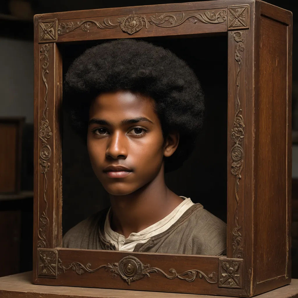 a man with a black afro in a wooden frame with a black hairdow on his head and a white shirt, black arts movement, a character portrait, Derold Page, promotional image