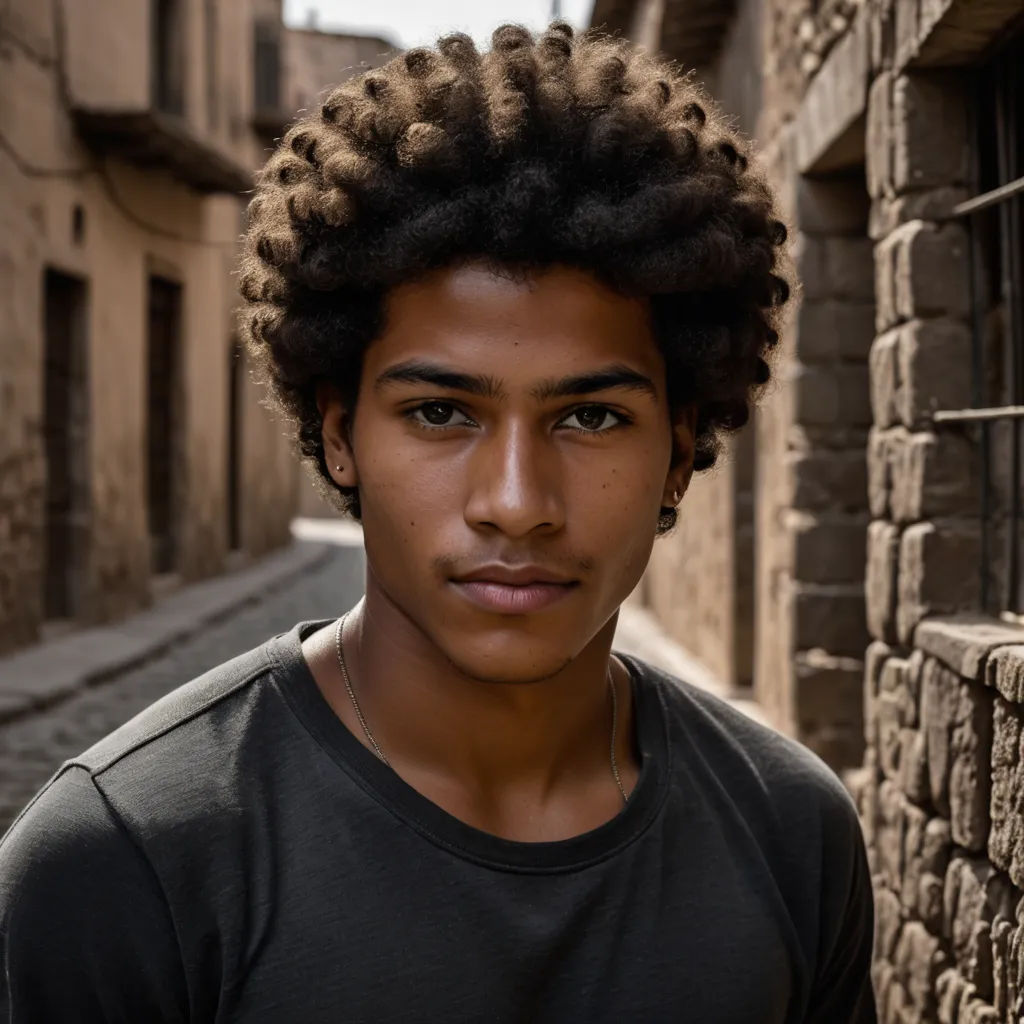 a young man with a afro standing in an alleyway in a city with stone buildings and cobblestones, hurufiyya, a character portrait, Chafik Charobim, portrait photography