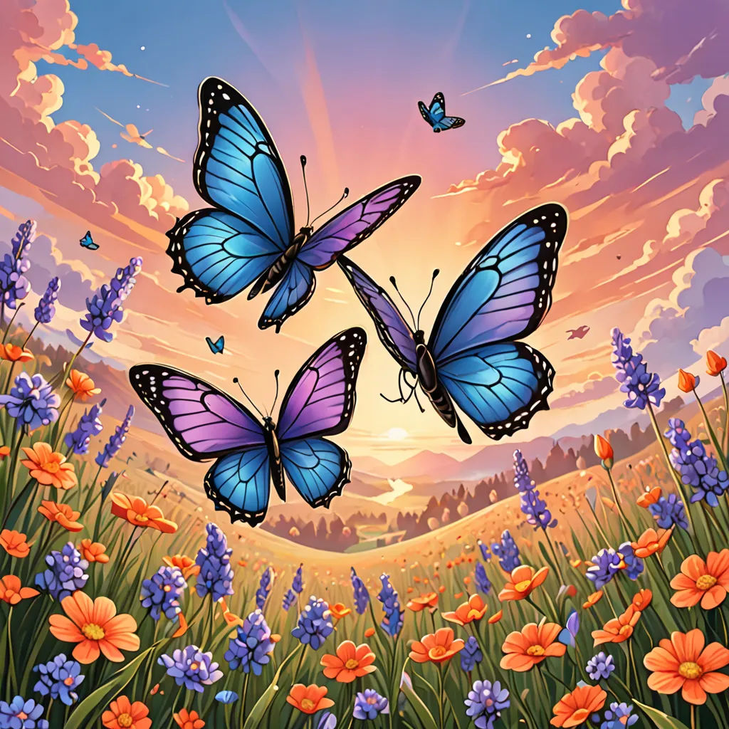 three butterflies flying over a field of flowers at sunset with a sunset in the background and a pink sky, Anne Stokes, magic realism, an airbrush painting, josan gonzales and dan mumford