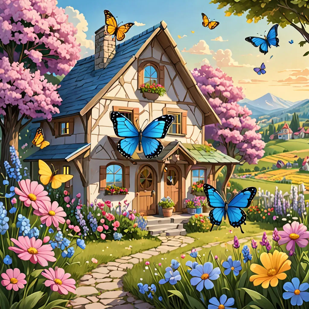 a painting of a house with a pathway leading to it and butterflies flying around it and a path leading to the house, Chris LaBrooy, magic realism, a storybook illustration, kinkade