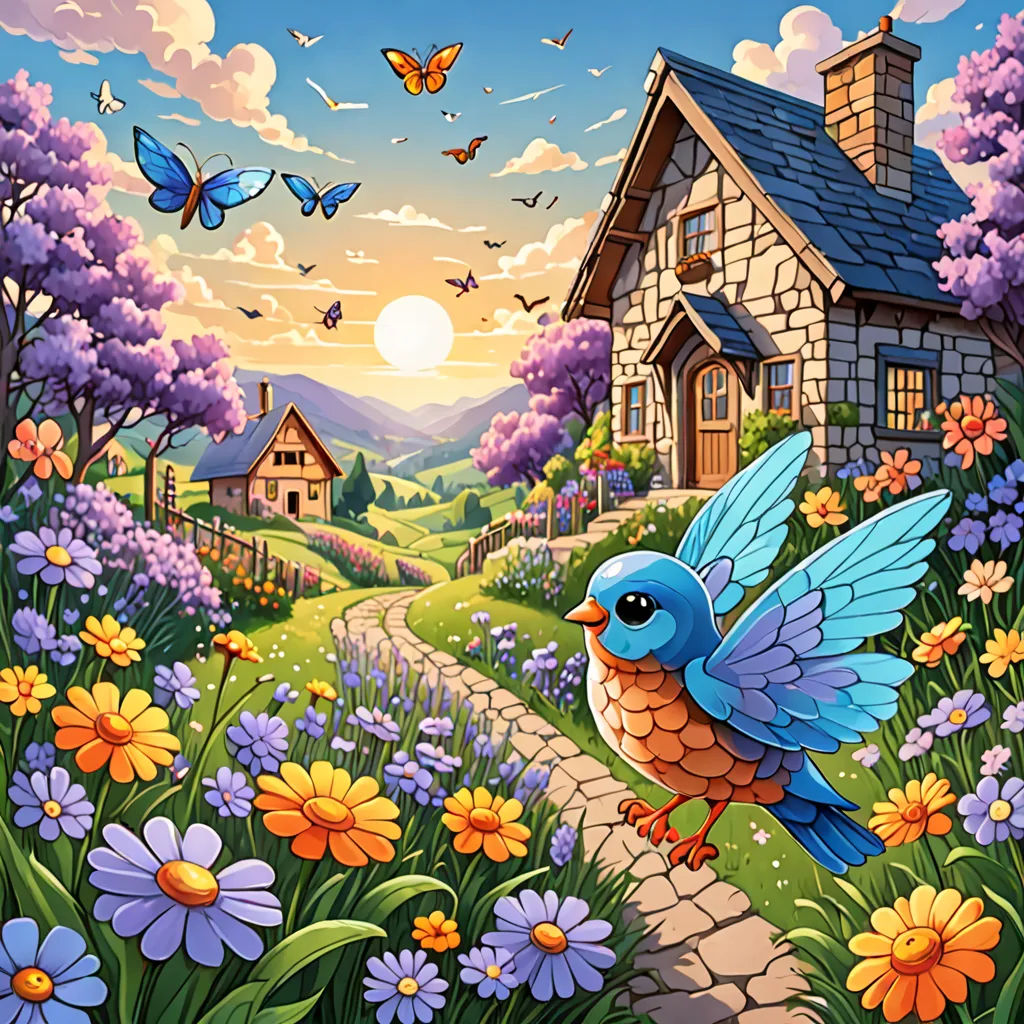 a painting of a bird flying over a flower garden with a house in the background and butterflies flying around, Chris LaBrooy, magic realism, a storybook illustration, highly detailed digital painting