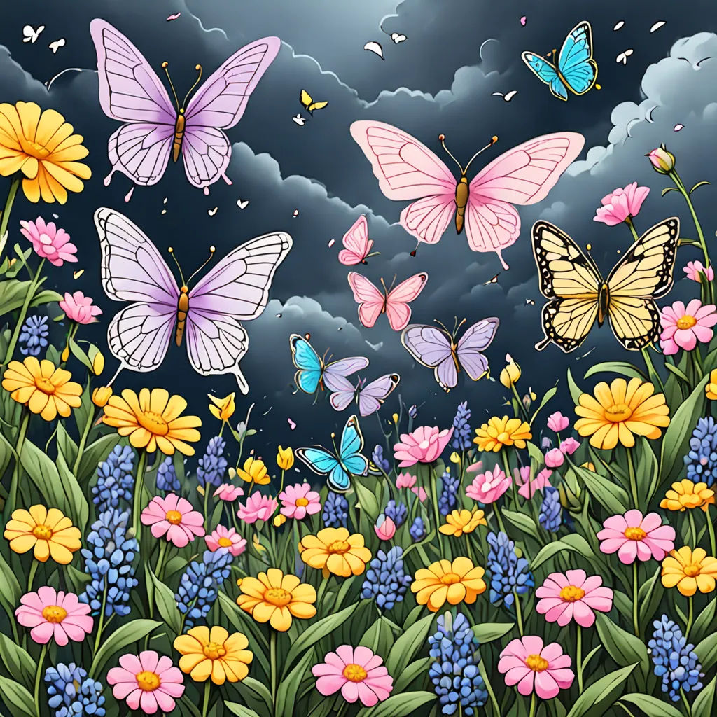 a painting of a field of flowers and butterflies with a dark sky in the background with clouds and sun, Annabel Kidston, gothic art, a digital rendering, flowers