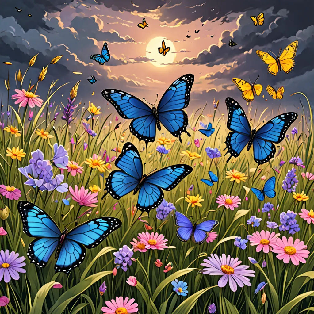 a painting of a field of flowers with a lot of butterflies flying over it and a sun setting in the background, Anne Stokes, magic realism, a storybook illustration, nature