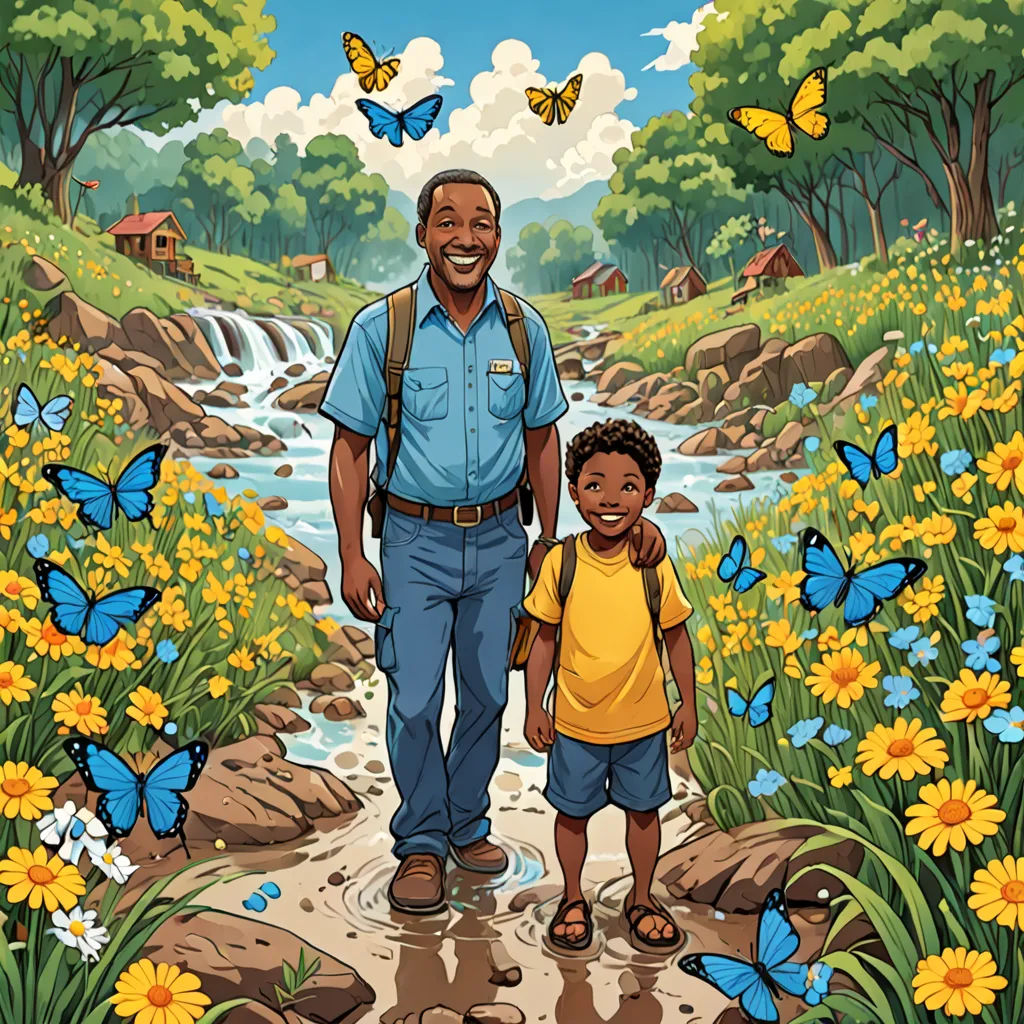 a man and a boy are standing in a field of flowers and butterflies with a stream of water in the background, Cliff Childs, environmental art, a storybook illustration, comic cover art