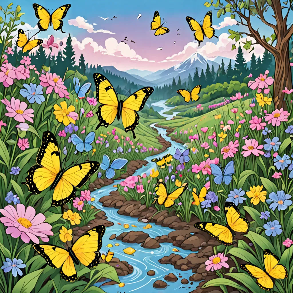 a painting of a stream surrounded by butterflies and flowers in a forest setting with a stream running through the center of the picture, Carol Sutton, environmental art, a storybook illustration, nature