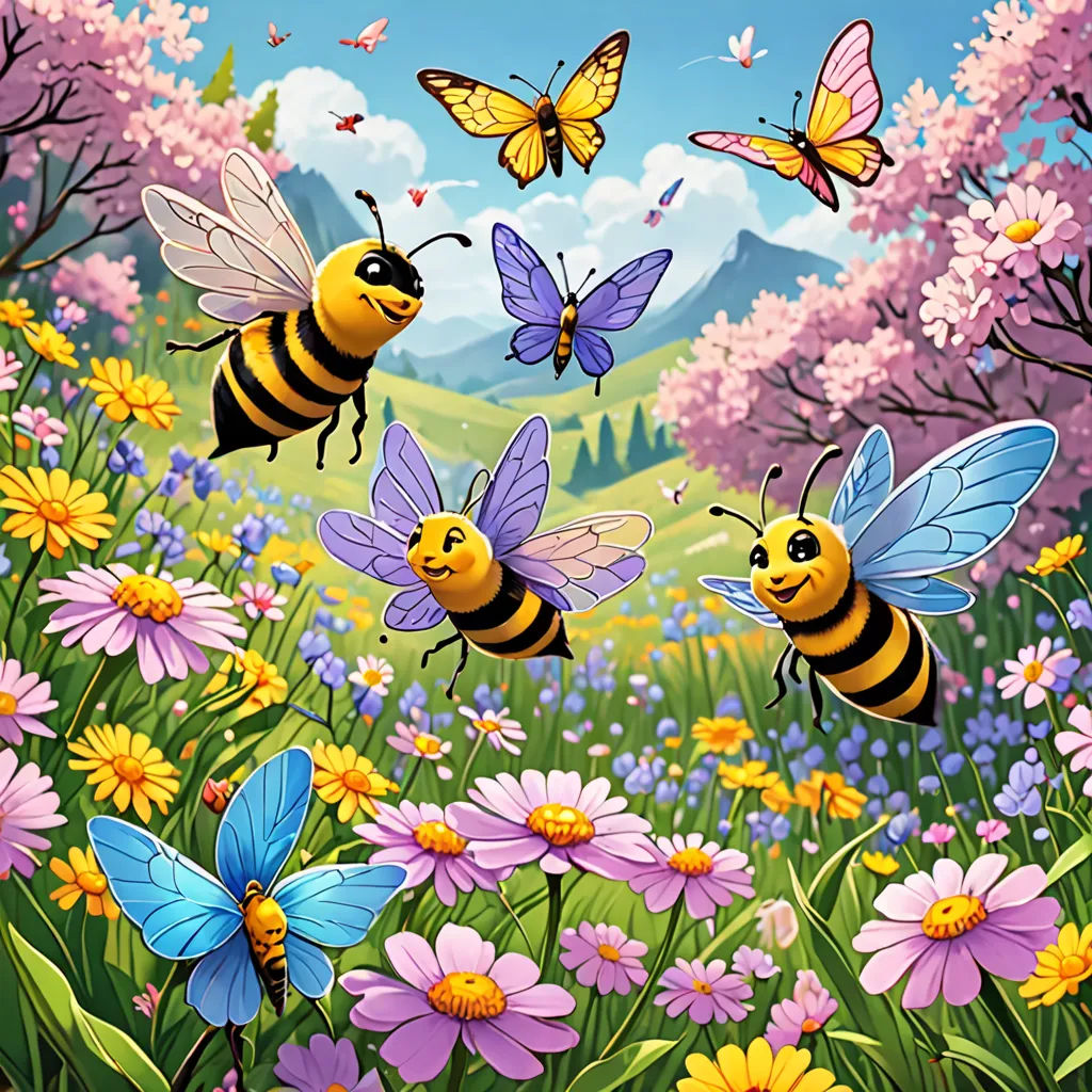 a painting of bees flying over a field of flowers and butterflies with a mountain in the background and a blue sky, Beeple, fantasy art, a storybook illustration, detailed illustration