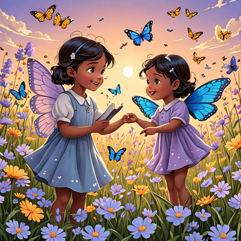 two little girls are standing in a field of flowers and butterflies, one of them is holding a book, Drew Struzan, magical realism, a storybook illustration, storybook illustration