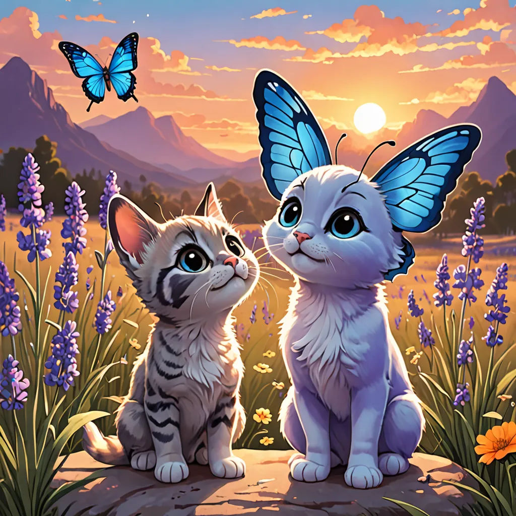 a painting of two cats sitting on a rock with a butterfly on their head and a butterfly on their shoulder, Anne Stokes, fantasy art, a painting, magic the gathering artwork