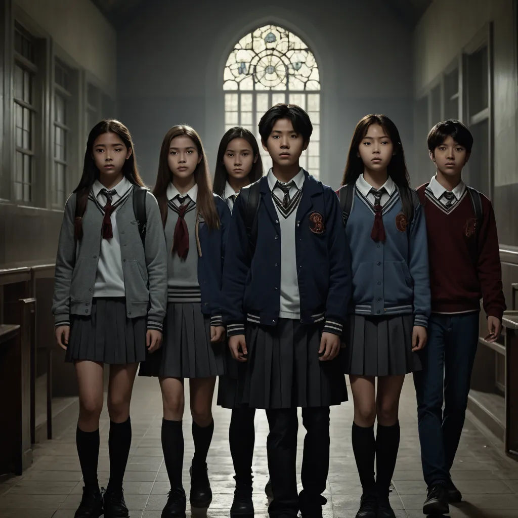 a group of young people standing in a hallway next to each other in school uniforms and ties, all wearing school uniforms, heidelberg school, a poster, David Park, promotional image