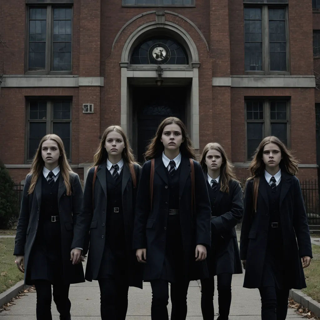 a group of girls in school uniforms standing in front of a building with a clock tower in the background, vancouver school, a poster, Dirk Crabeth, dark shadows