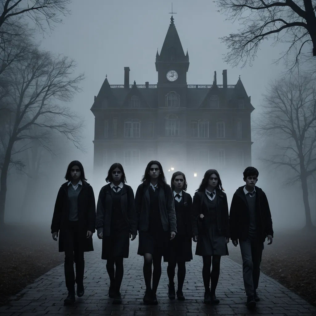 a group of people standing in front of a building with a clock tower in the background on a foggy day, heidelberg school, a poster, Dirk Crabeth, promotional image