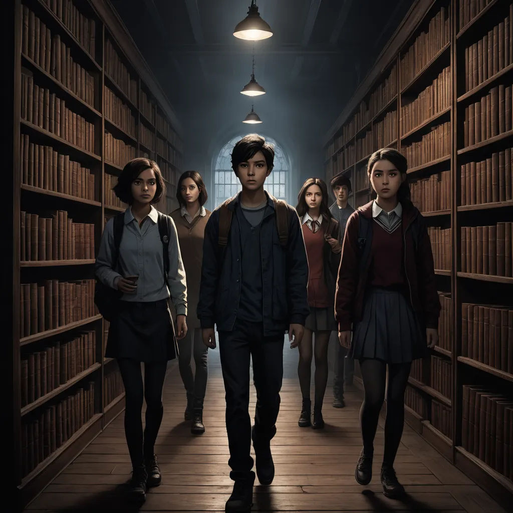 a group of people walking down a hallway in a library with bookshelves on either side of them, vancouver school, a poster, Du Jin, promotional image
